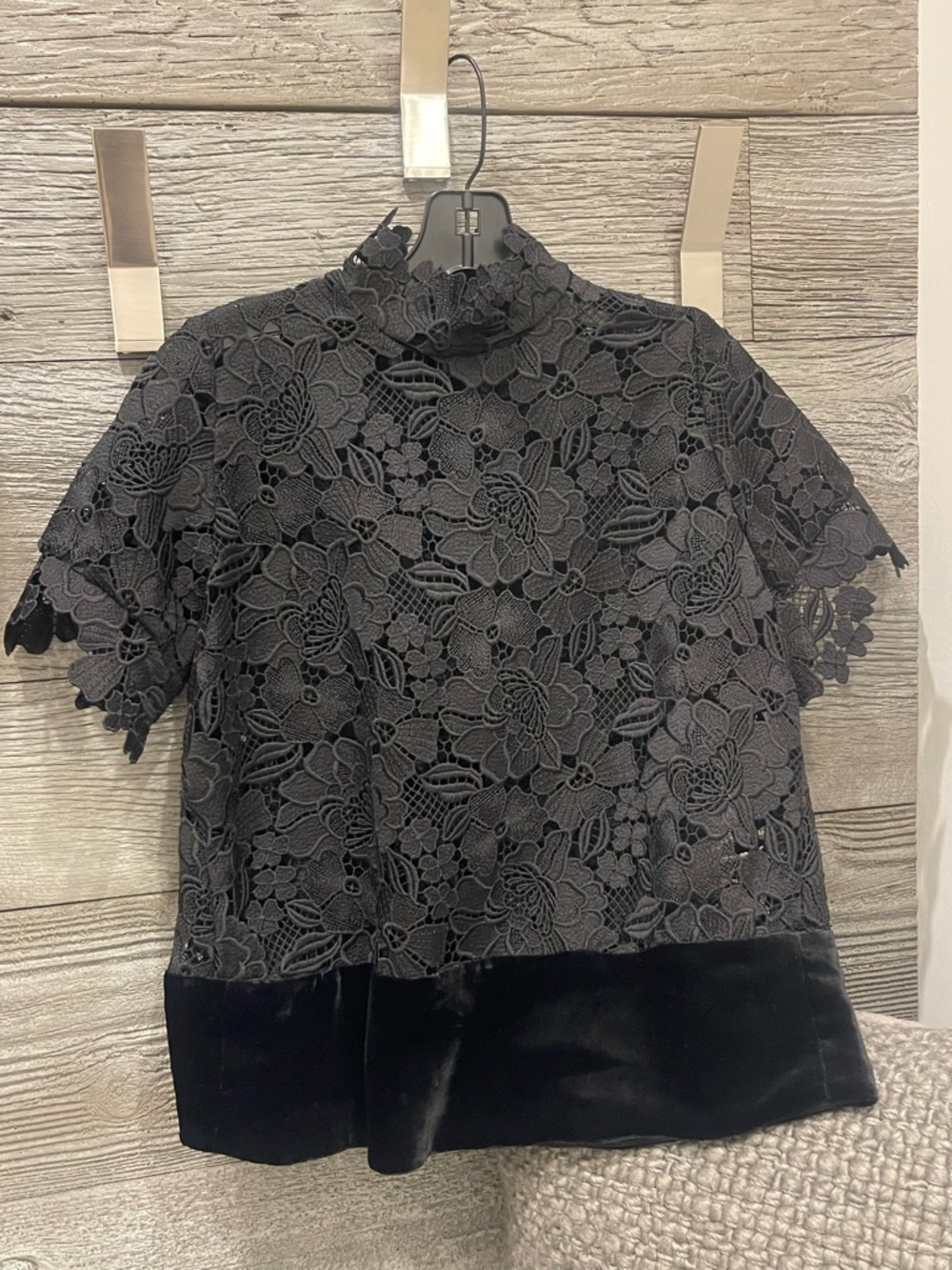 Black Lace Mock-Neck Short Sleeve Top